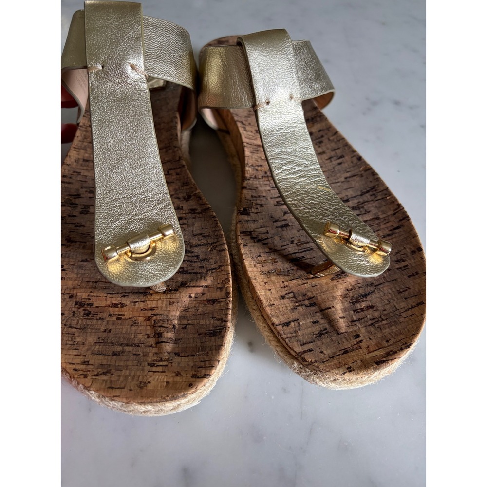 Tory Burch Thora Metallic Gold Thong Sandals Cork Signature Logo Detail Sz 10.5 - Picture 8 of 11